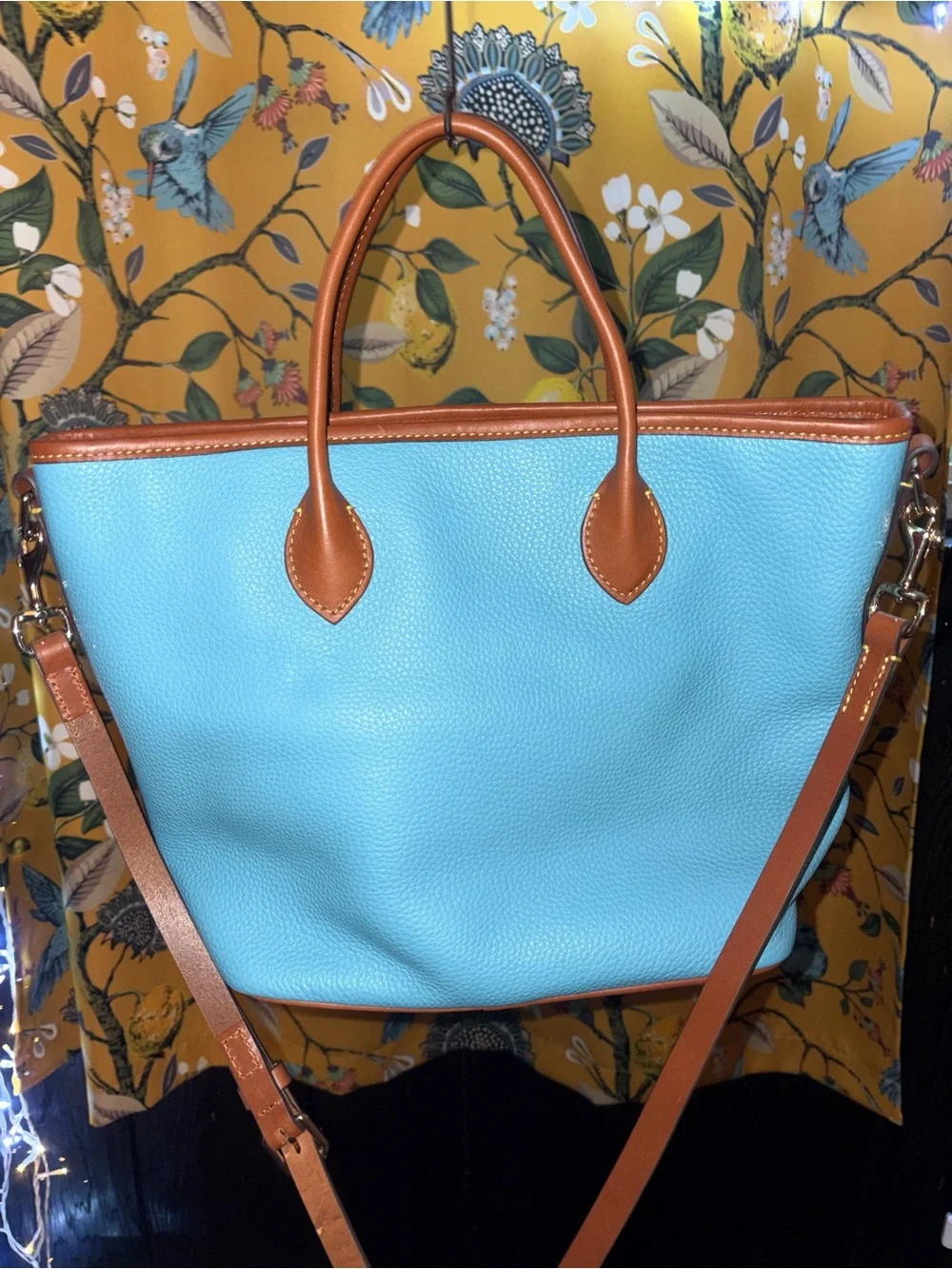 Dooney & Bourke Pebble Leather Tote Bag in Sky Blue with Brown Trim